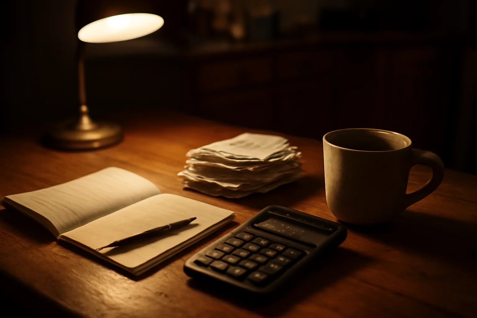 Treasurer's kitchen table with ledger, calculator, and receipts under lamp light