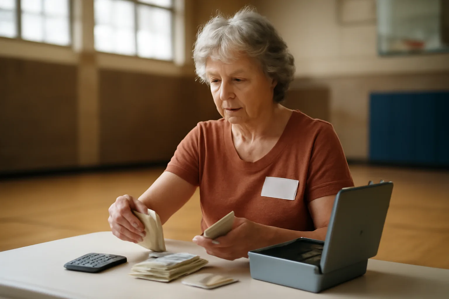Volunteer treasurer counting cash at a folding table during a school fundraiser
