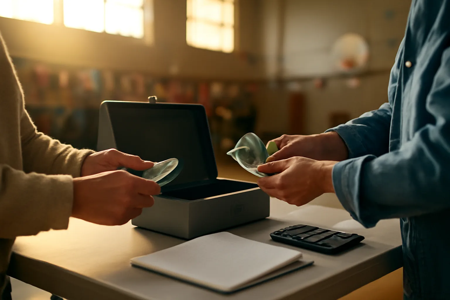 Two volunteers counting cash at a booster club fundraiser table with a ledger