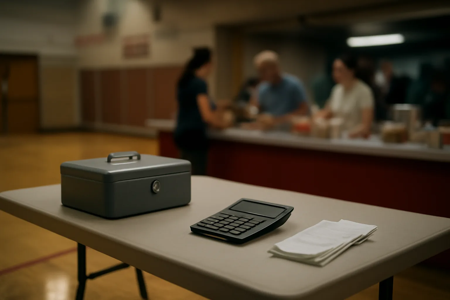 Treasurer's cash box, calculator, and receipts on a table at a booster club event
