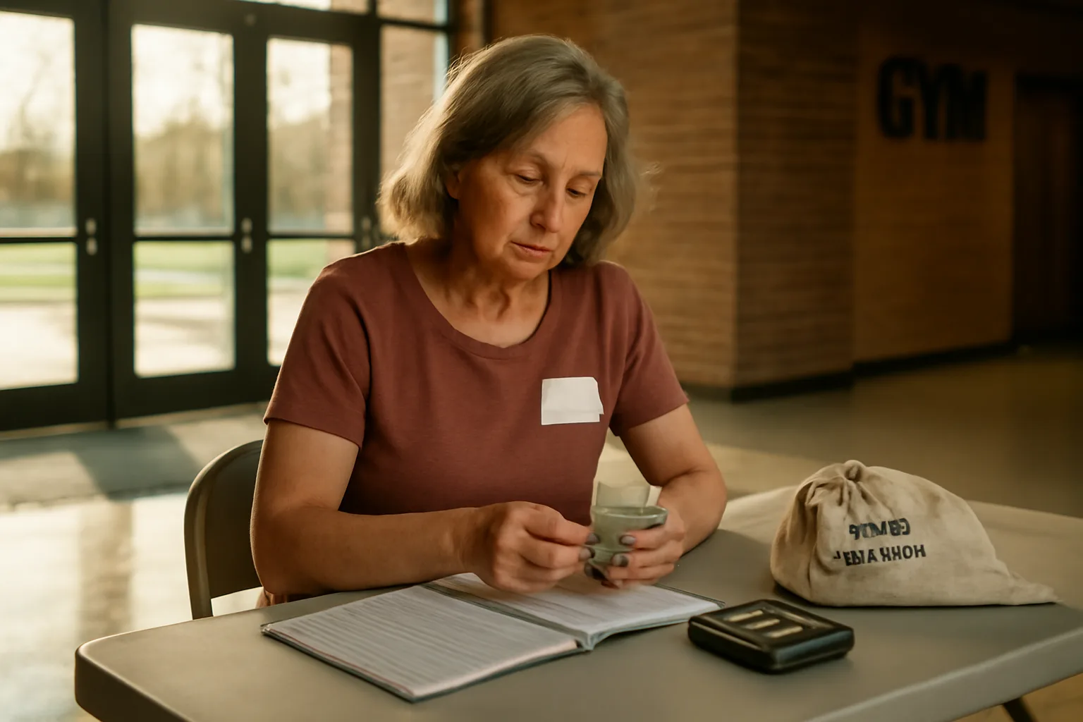 Volunteer treasurer counting cash at a folding table in a school gym lobby