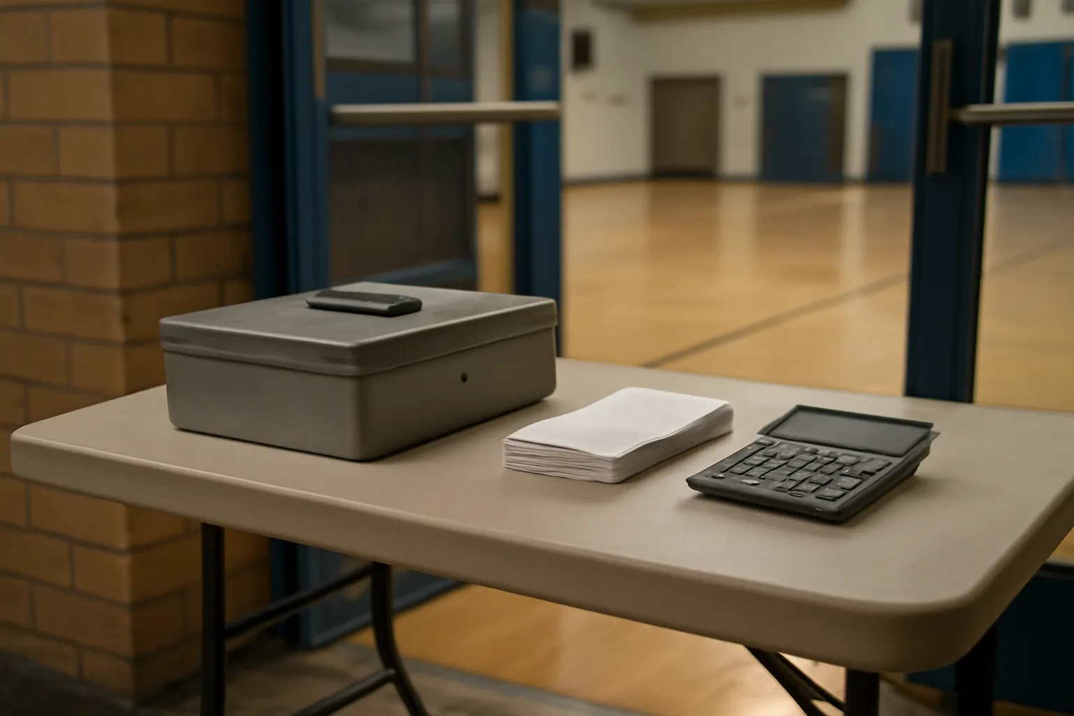 Cash box, receipts, and calculator on a folding table, representing a nonprofit treasurer's report