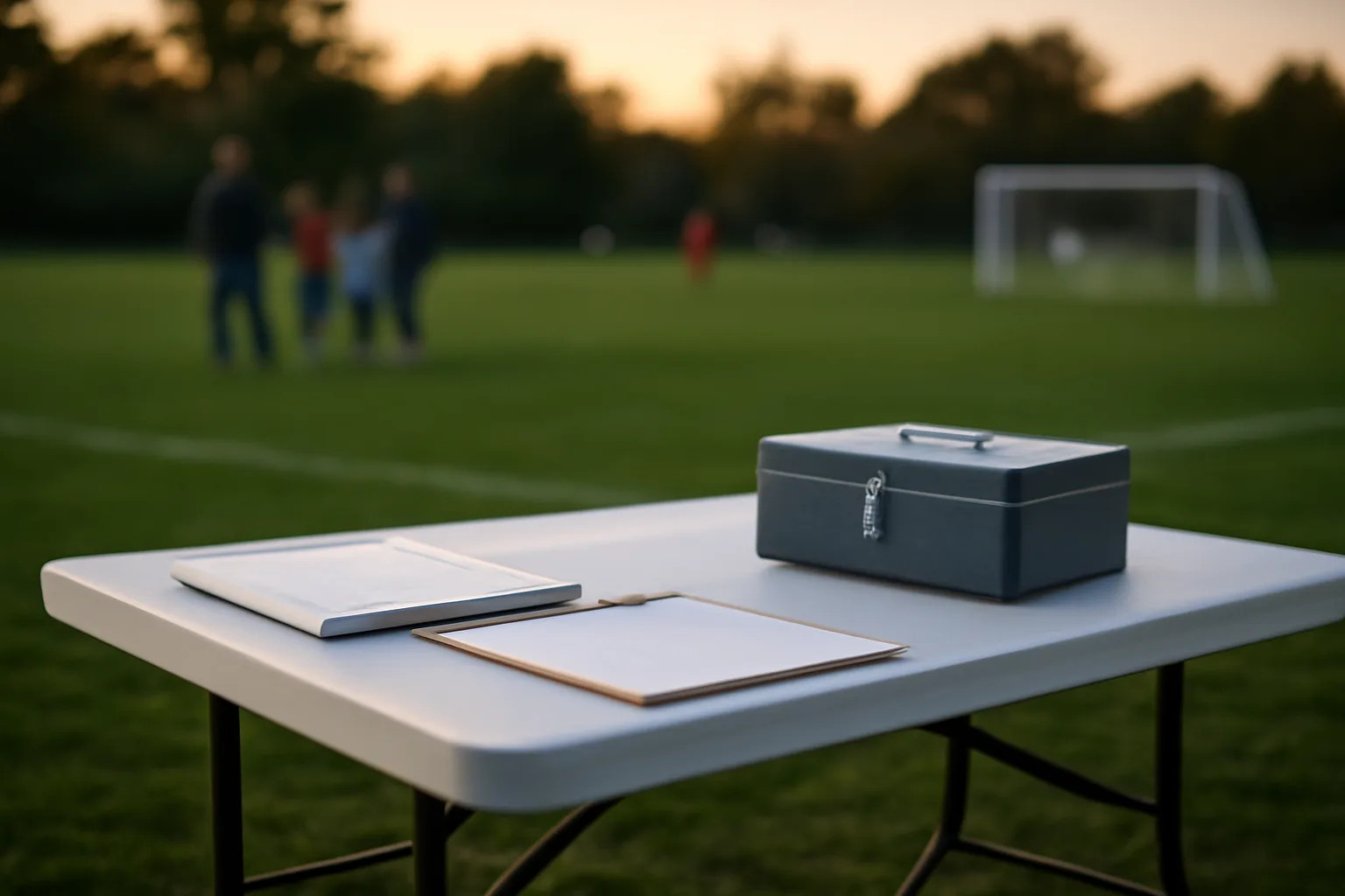 Treasurer's cash box and binder on a folding table at a youth soccer field