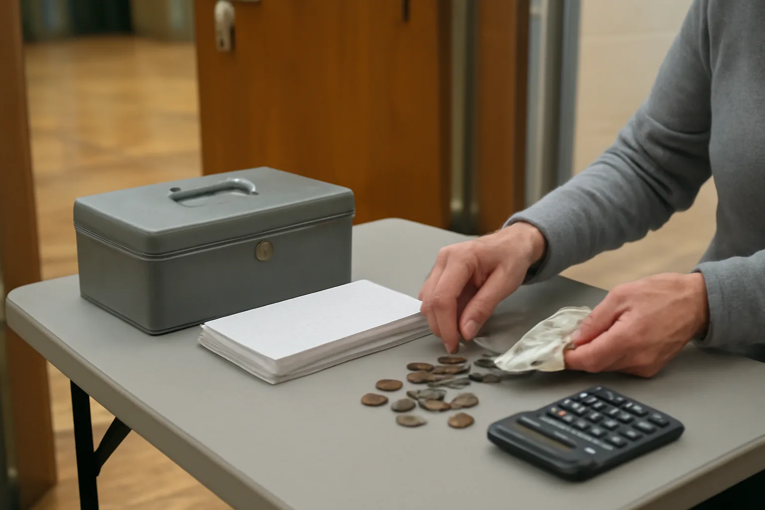 Volunteer treasurer organizing cash and ledgers at a booster club table