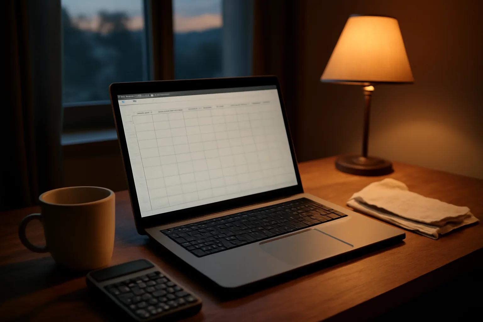 Volunteer treasurer's desk with laptop, calculator, and receipts for filing tax form 990-N