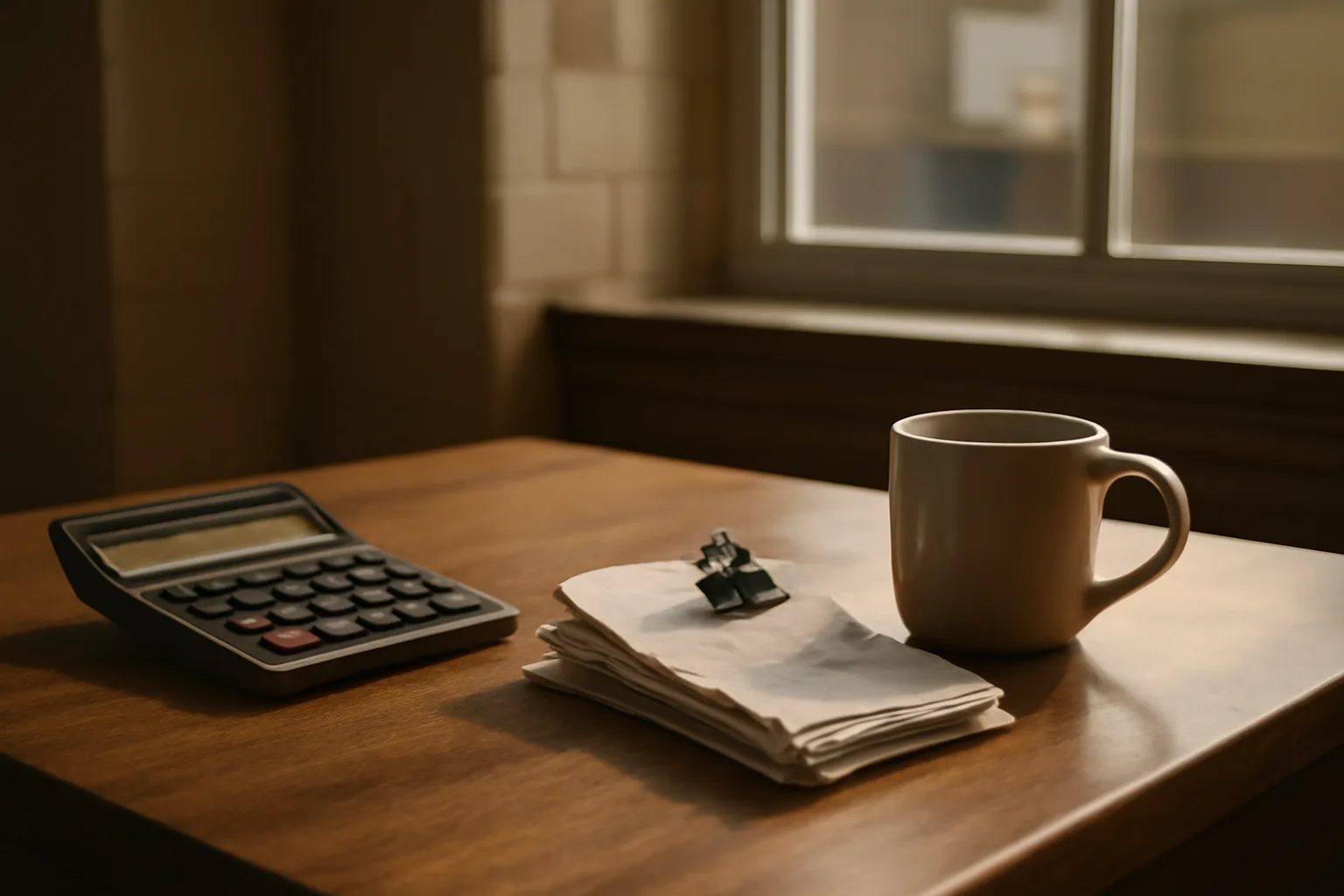 Desk with calculator and receipts representing daily treasurer recordkeeping tasks