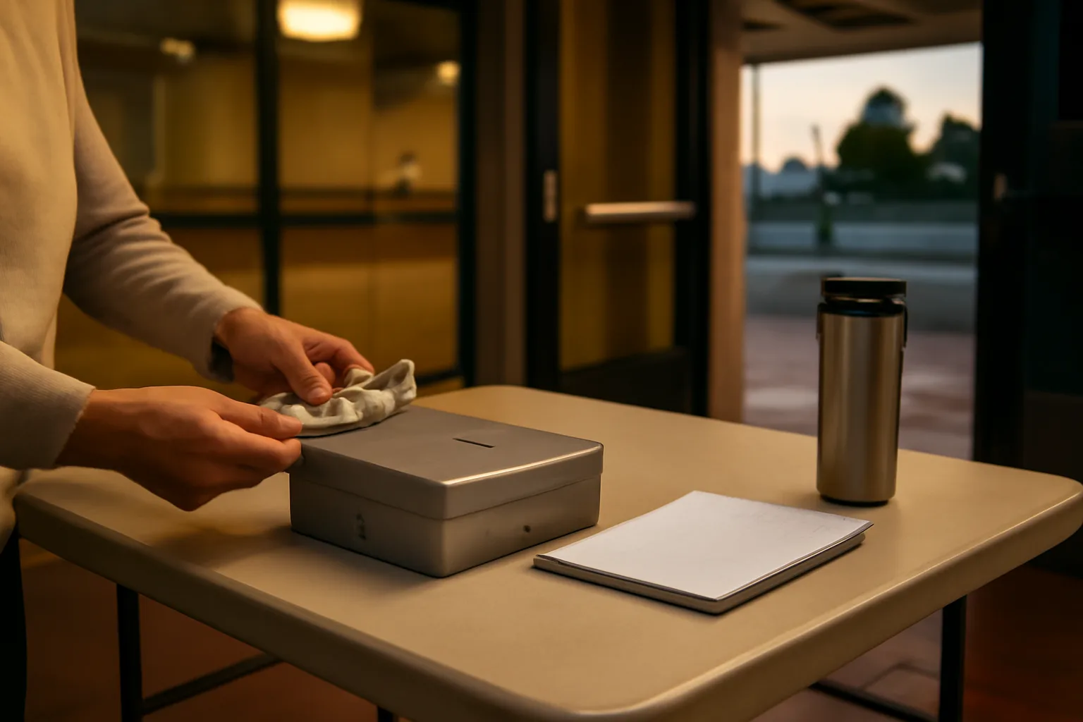 Volunteer treasurer counting cash at a folding table during a school fundraiser event
