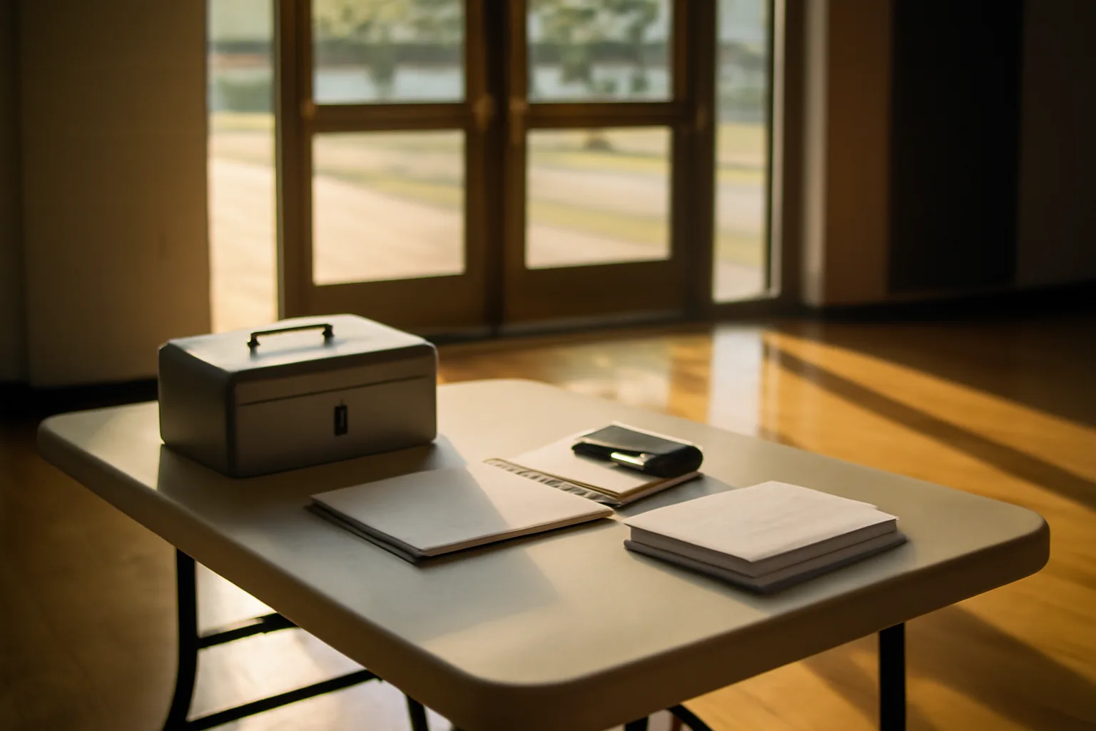 Treasurer's cash box and notebook on a folding table at a school event