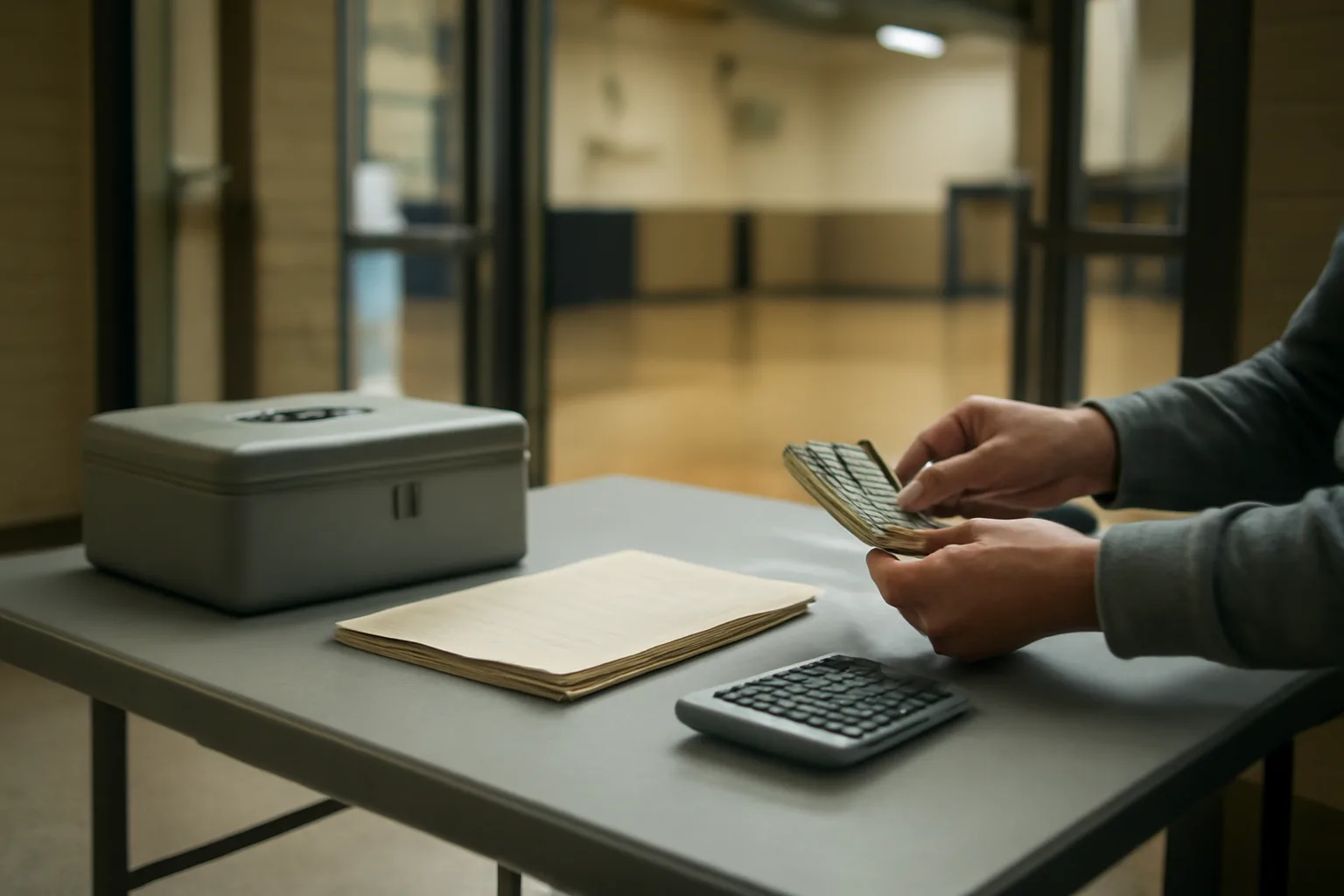 Volunteer treasurer counting cash at a folding table during a school fundraiser