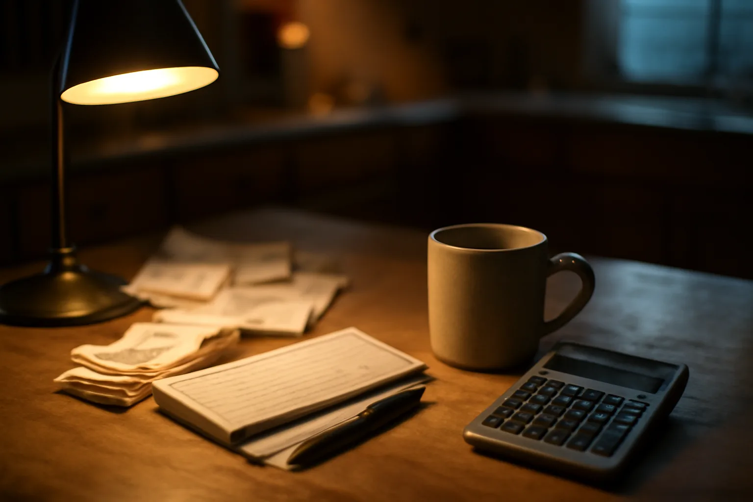 Volunteer treasurer's desk with receipts, a calculator, and a checkbook at night