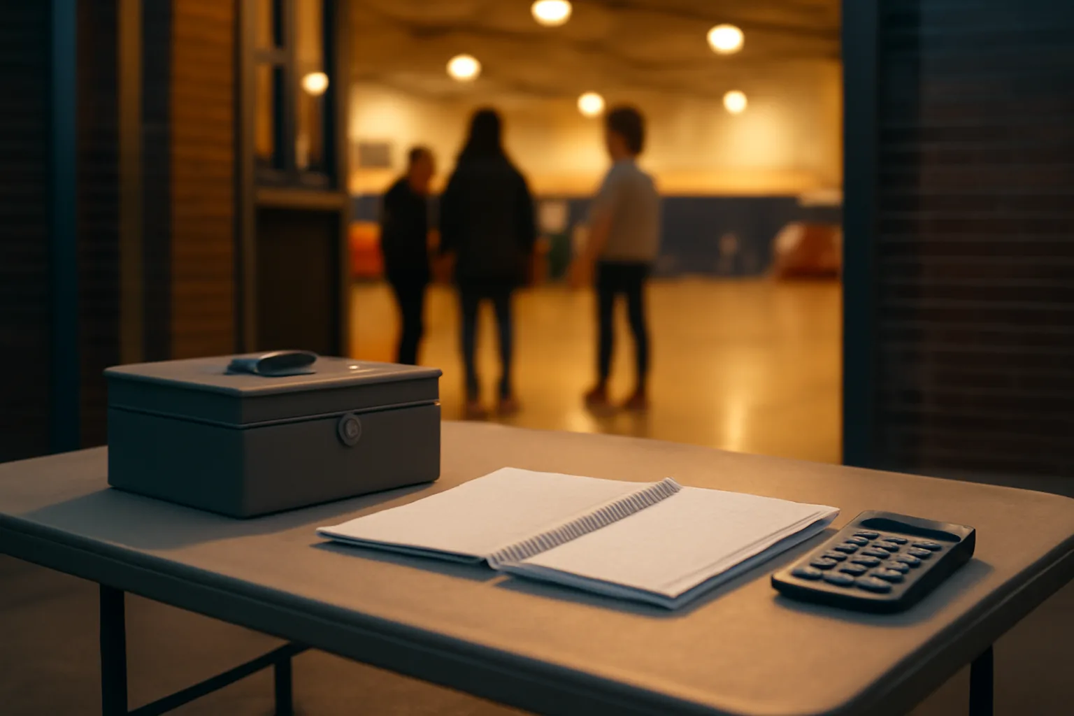 Treasurer's cash box and ledger on a folding table at a school gym fundraiser