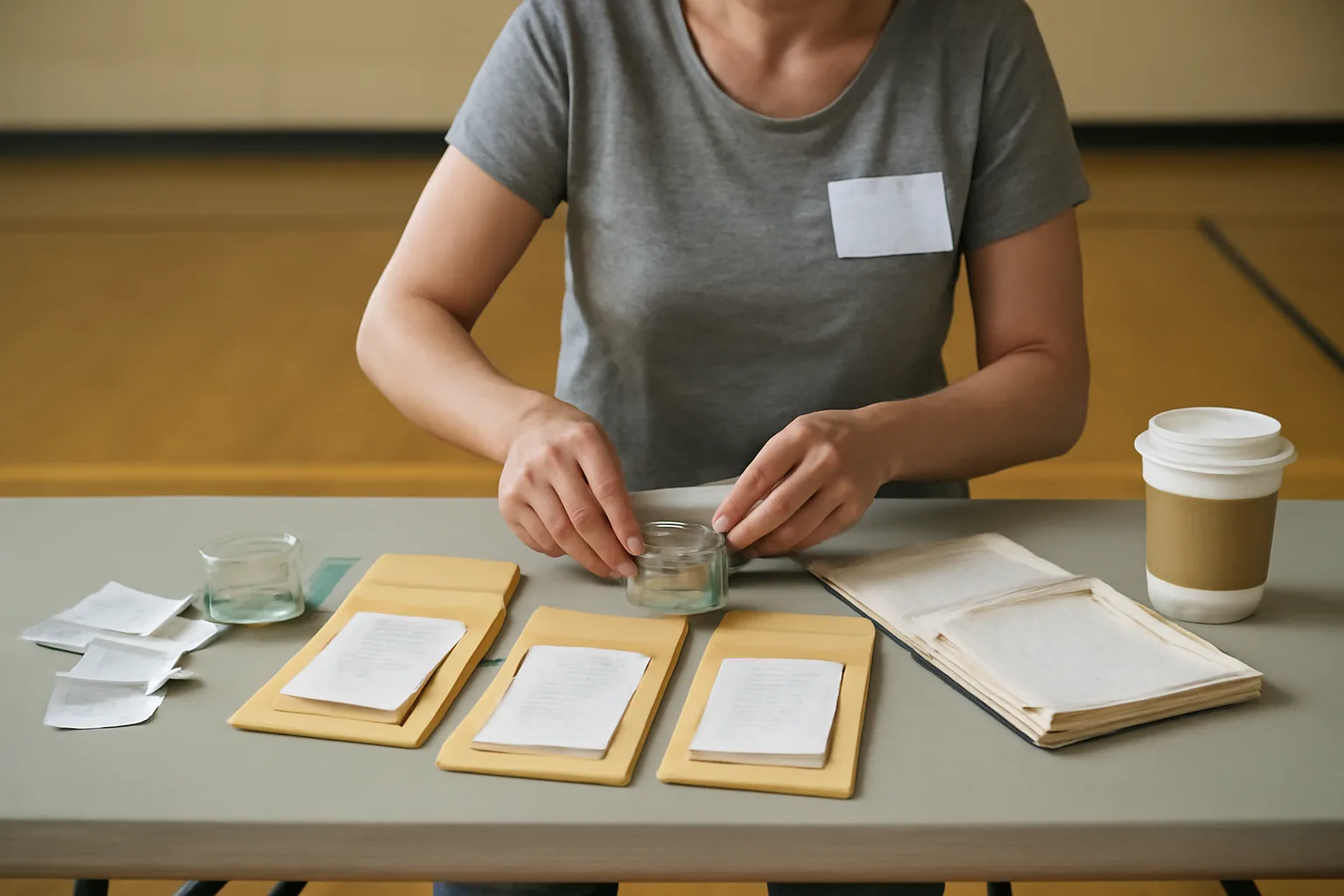 Volunteer treasurer sorting cash and receipts at a folding table during a club event
