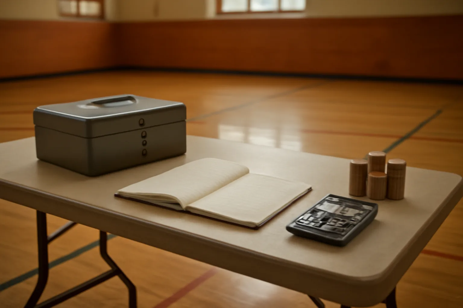 Treasurer officer workspace with cash box and ledger on a folding table