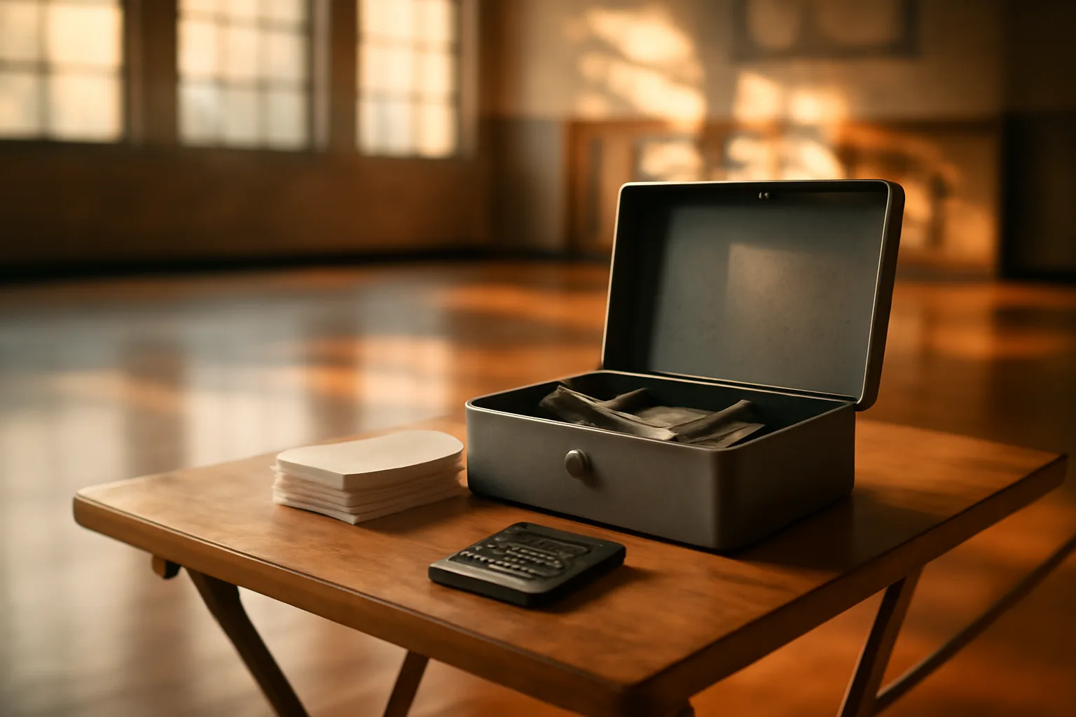 Cash box, receipts, and calculator on a table during a booster club fundraiser