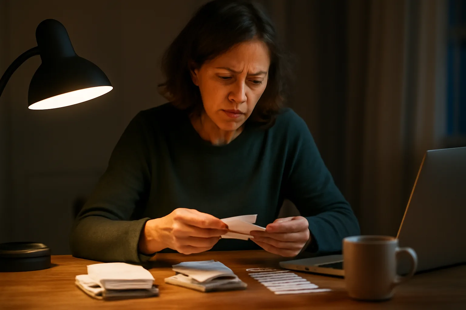 Volunteer treasurer sorting receipts and bank statements at a kitchen table at night