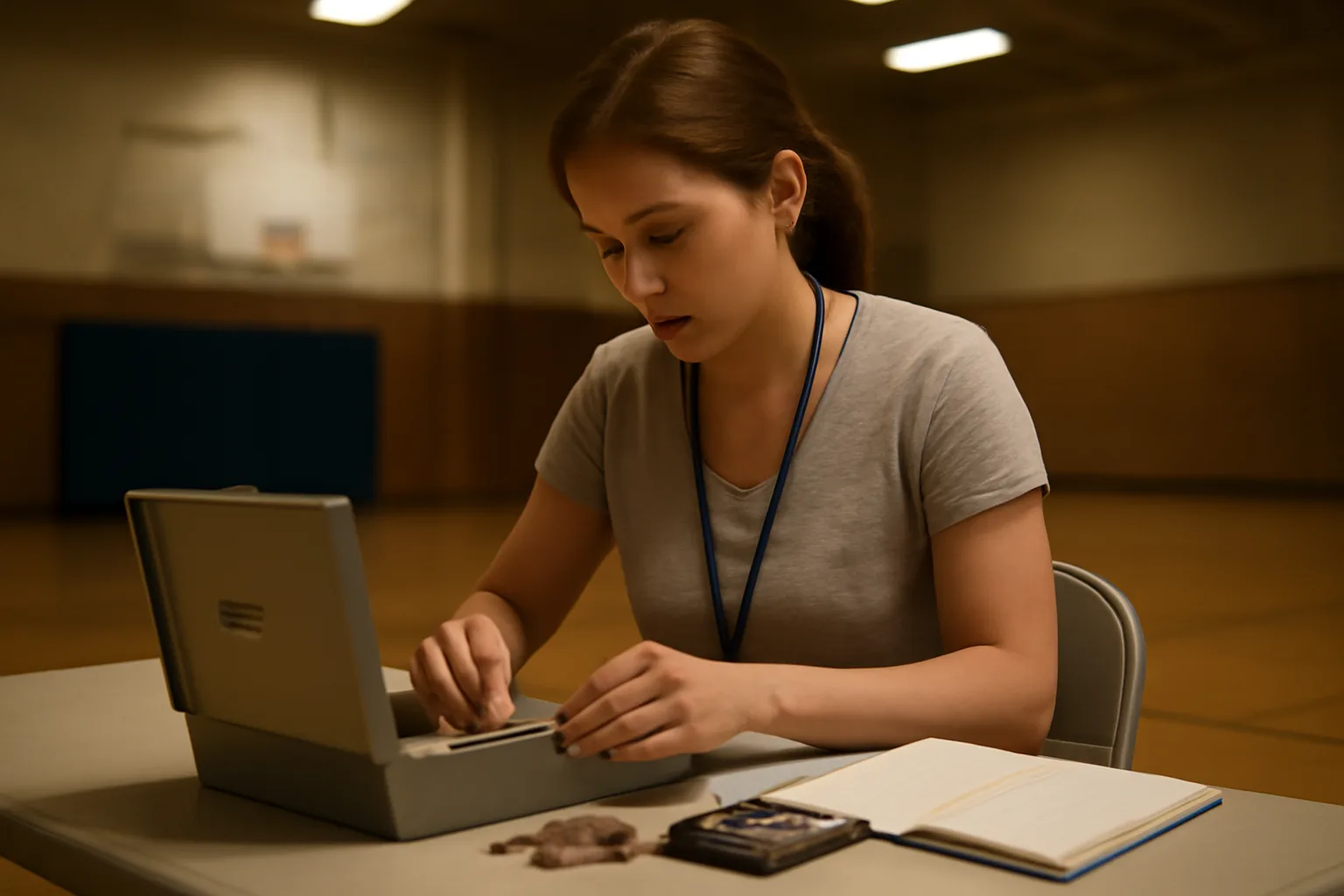 Volunteer treasurer counting cash at a folding table during a booster club event
