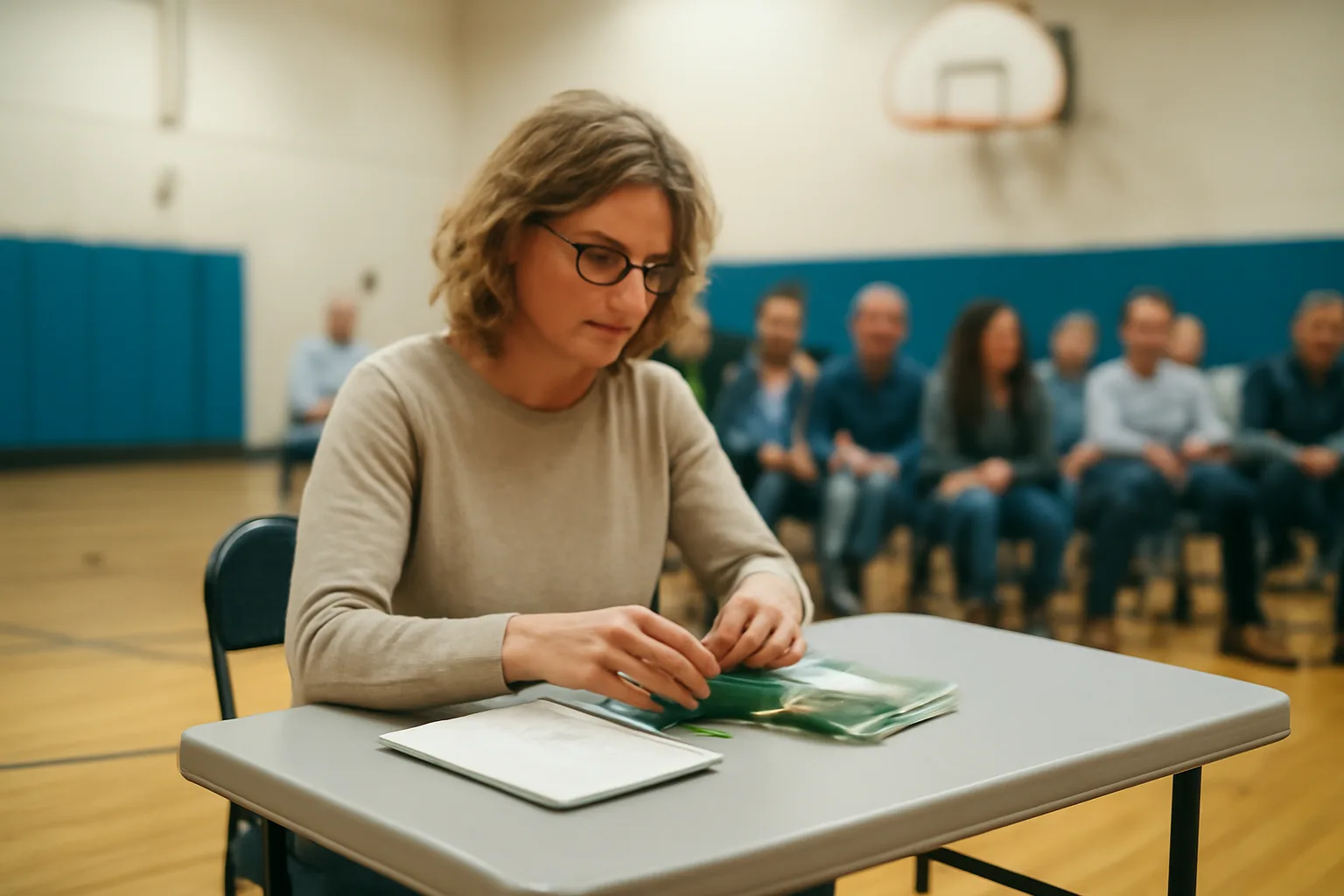 Volunteer treasurer counting cash and notebook records at a school gym table