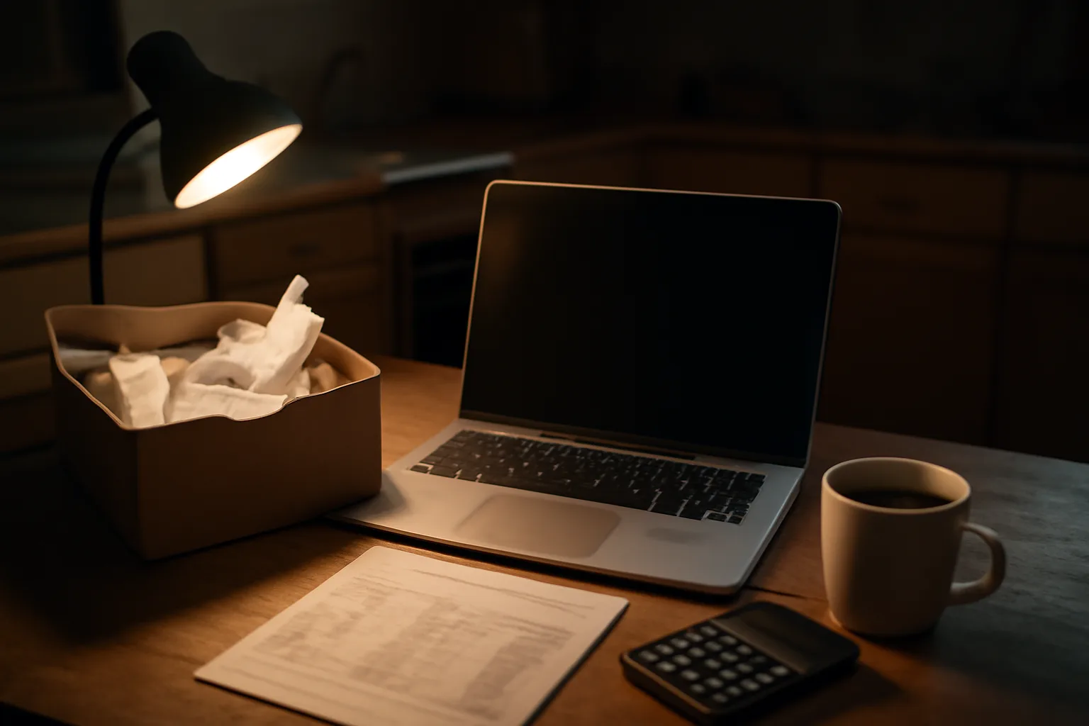 Volunteer treasurer's desk at night with receipts, calculator, and laptop for nonprofit bookkeeping