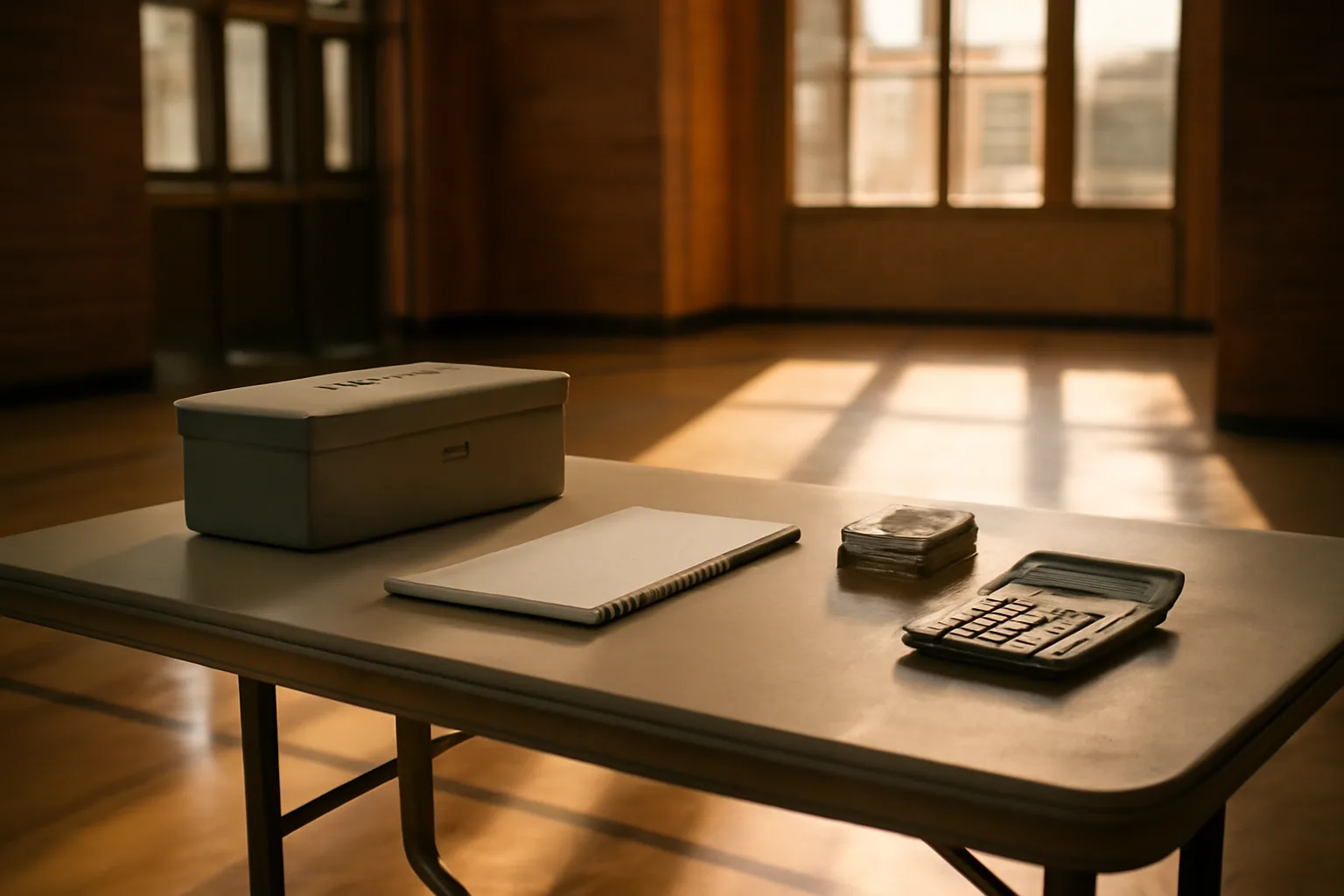Volunteer treasurer's cash box and ledger on a folding table at a school event