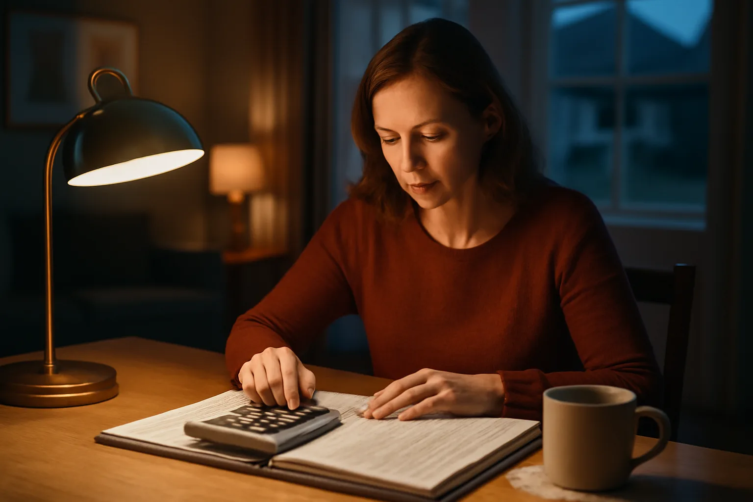Volunteer treasurer reviewing a ledger and receipts at a kitchen table at night