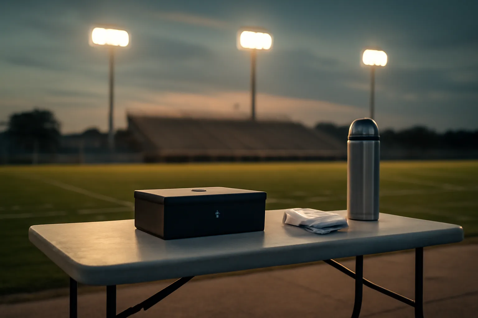 Cash box and receipts on a folding table at a school stadium concession stand at dusk