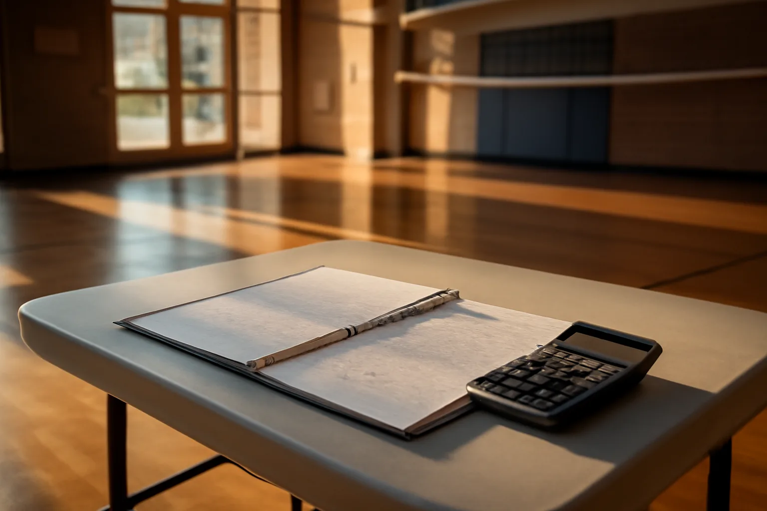 Treasurer binder and calculator on a table near a volleyball gym entrance