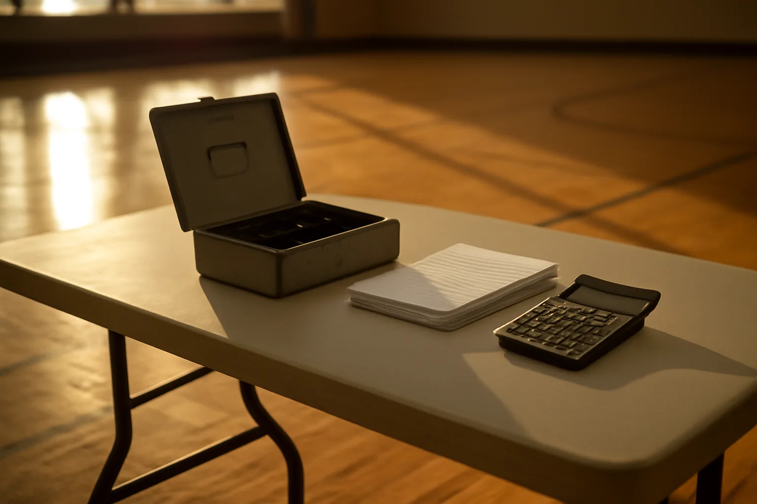 Cash box, tally sheets, and calculator on a folding table at a booster club fundraiser