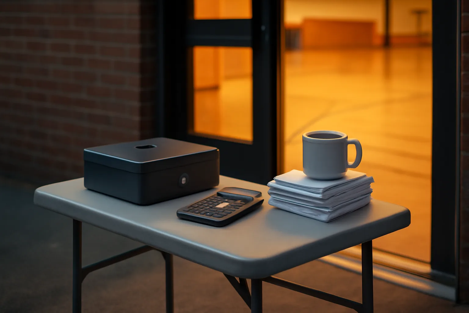 Cash box, calculator, and receipts on a folding table showing what a treasurer manages