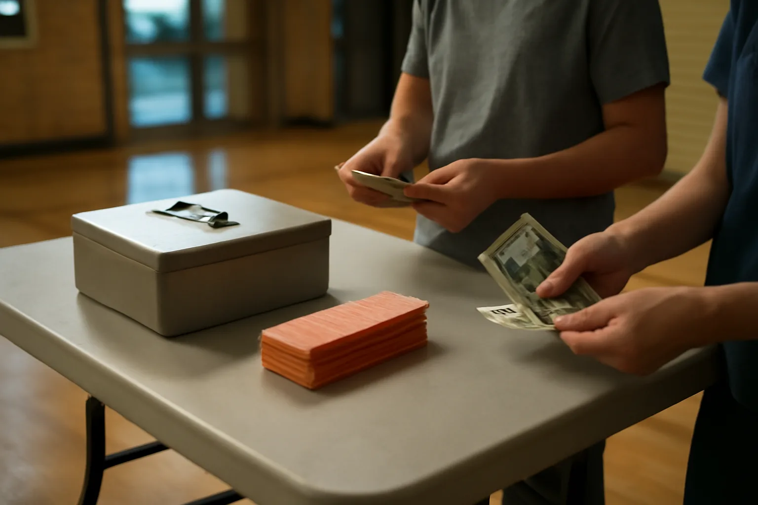 Two volunteers counting cash together at a booster club fundraising table