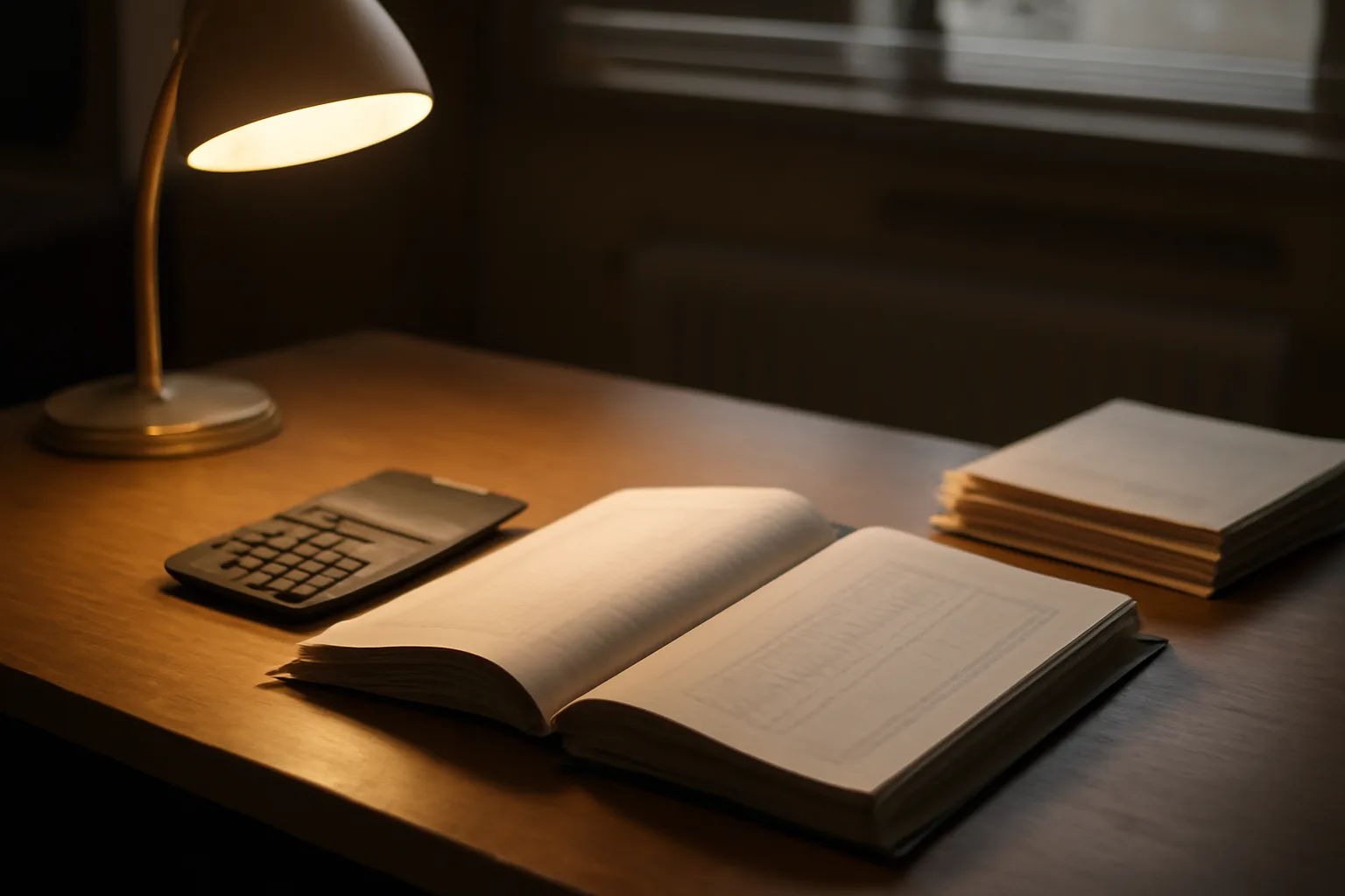 Desk with ledger, calculator, and bank statements showing treasurer's daily financial work