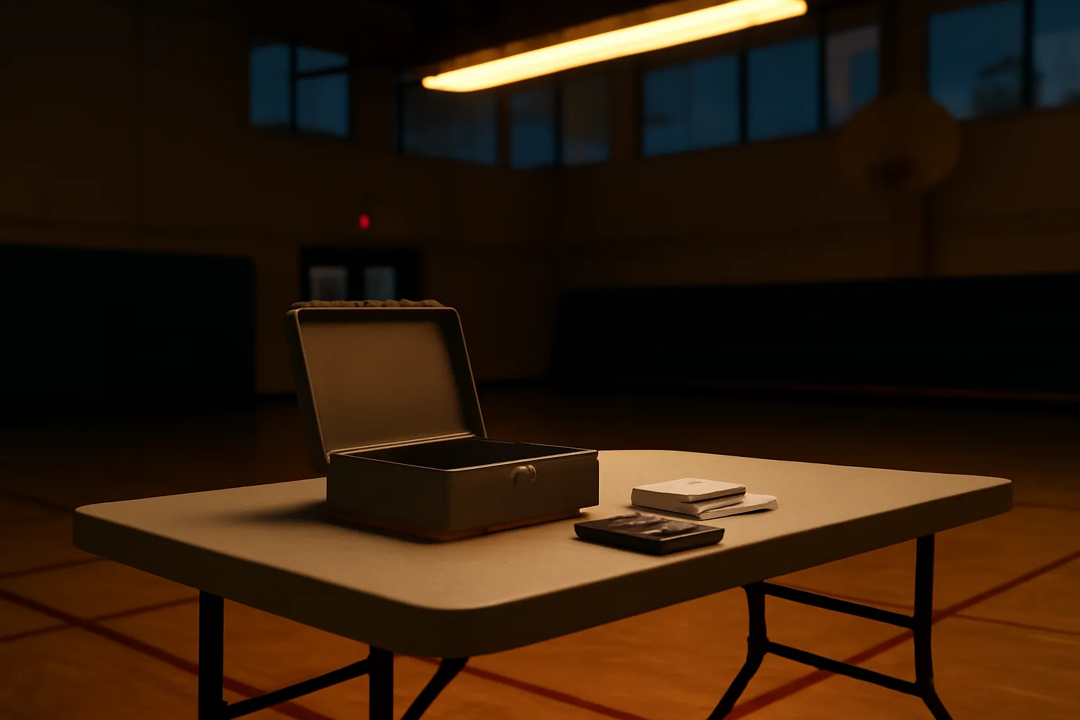 cash box, receipts, and calculator on a folding table showing club treasurer work