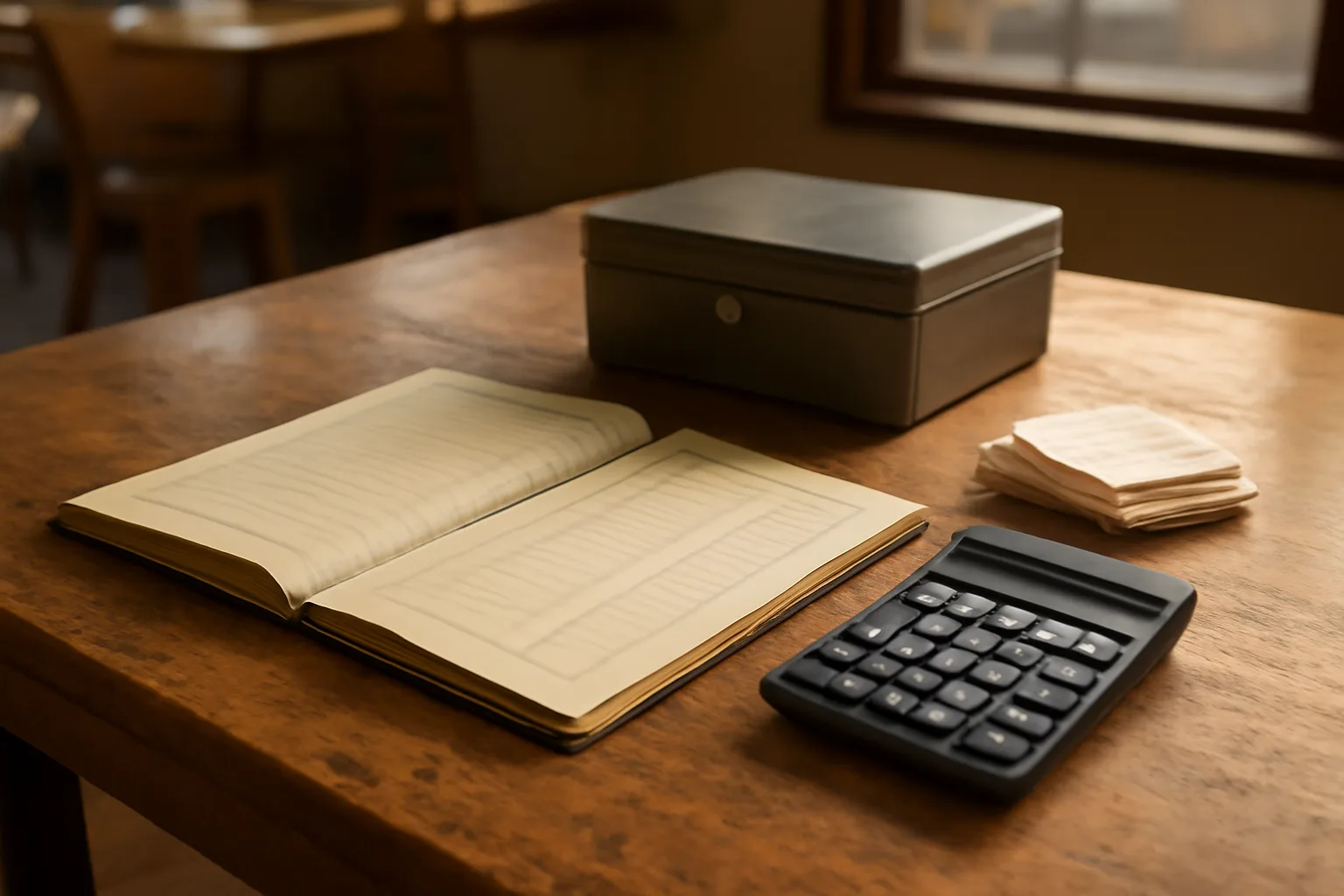 Treasurer's desk with a ledger, calculator, cash box, and receipts in afternoon light