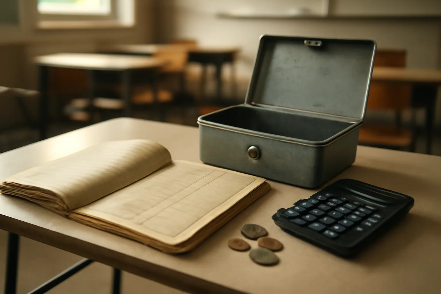 Ledger notebook and cash box on a table, representing FFA treasurer recordkeeping duties