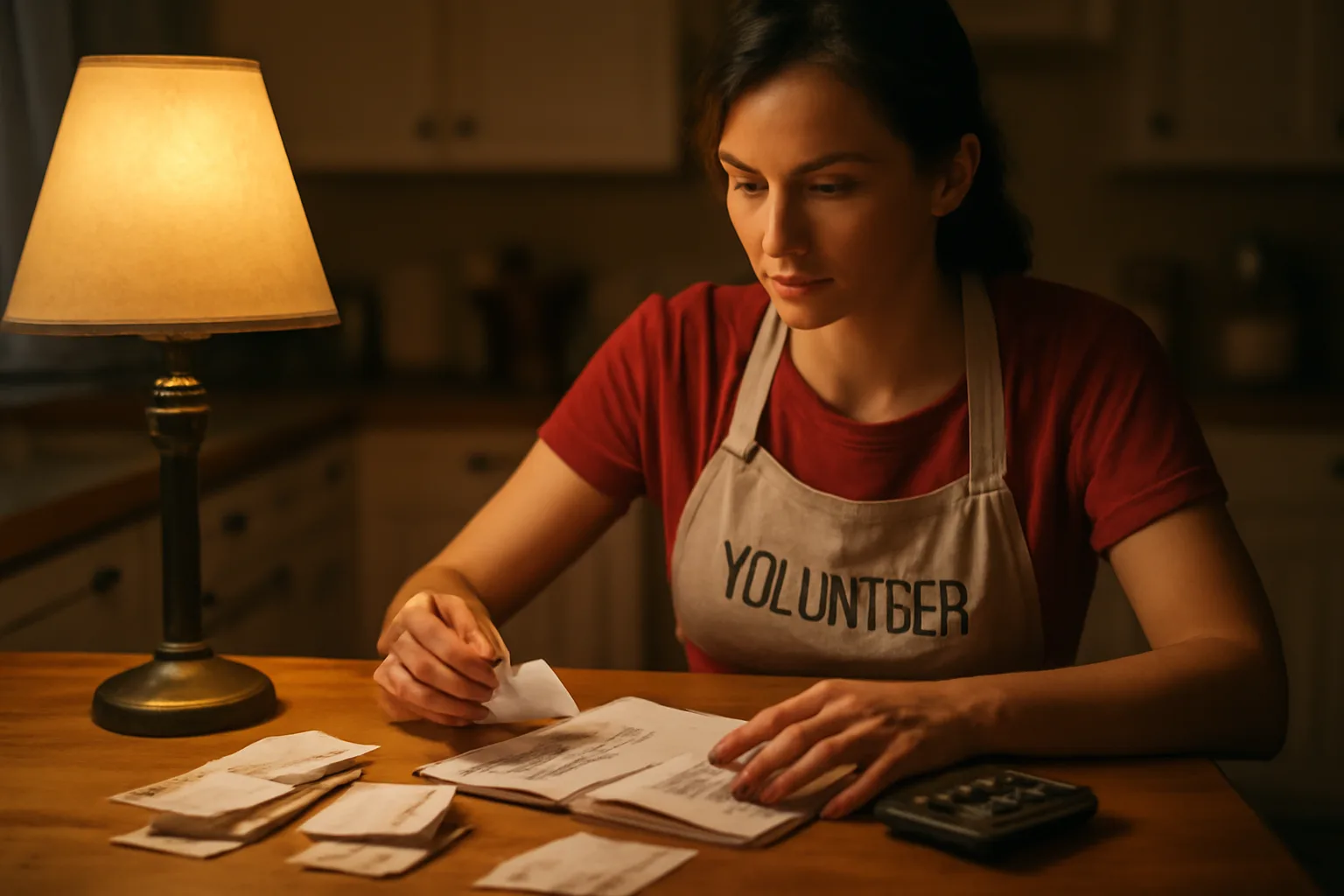 volunteer treasurer sorting receipts and a ledger at a kitchen table at night