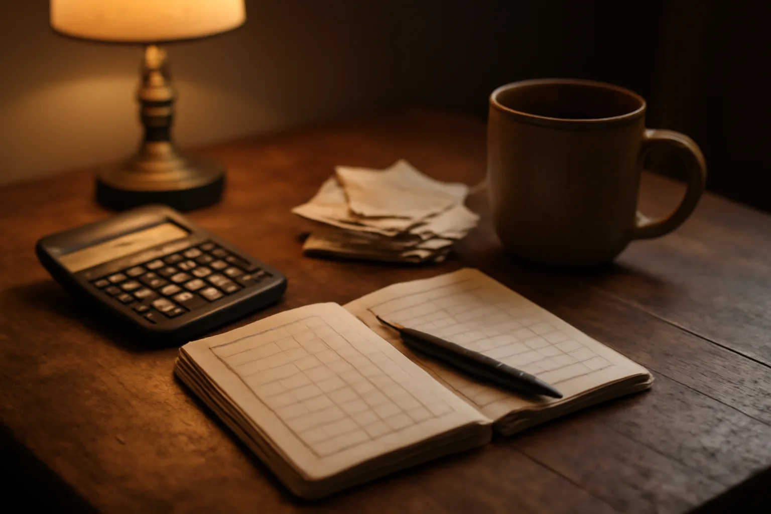 A treasurer's desk with a ledger, calculator, and receipts under warm lamp light