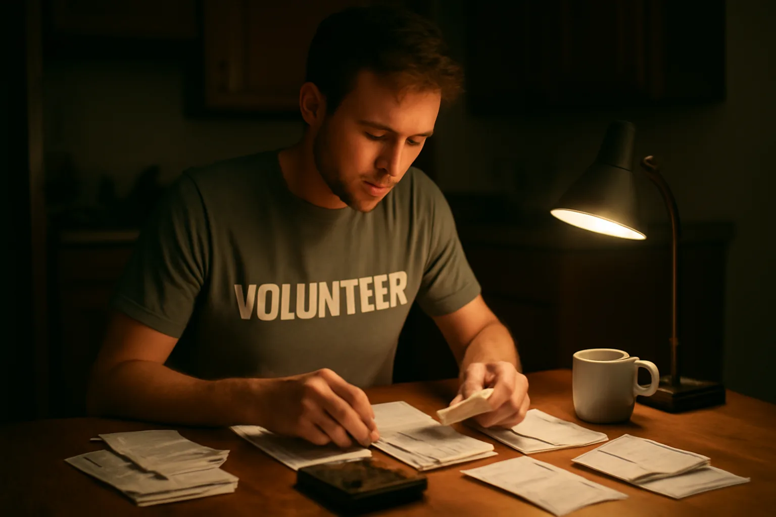 Volunteer treasurer sorting receipts and bank statements at a kitchen table at night
