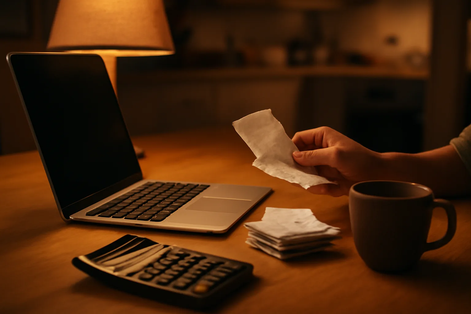 treasurer at a kitchen table sorting receipts and reviewing finances at night
