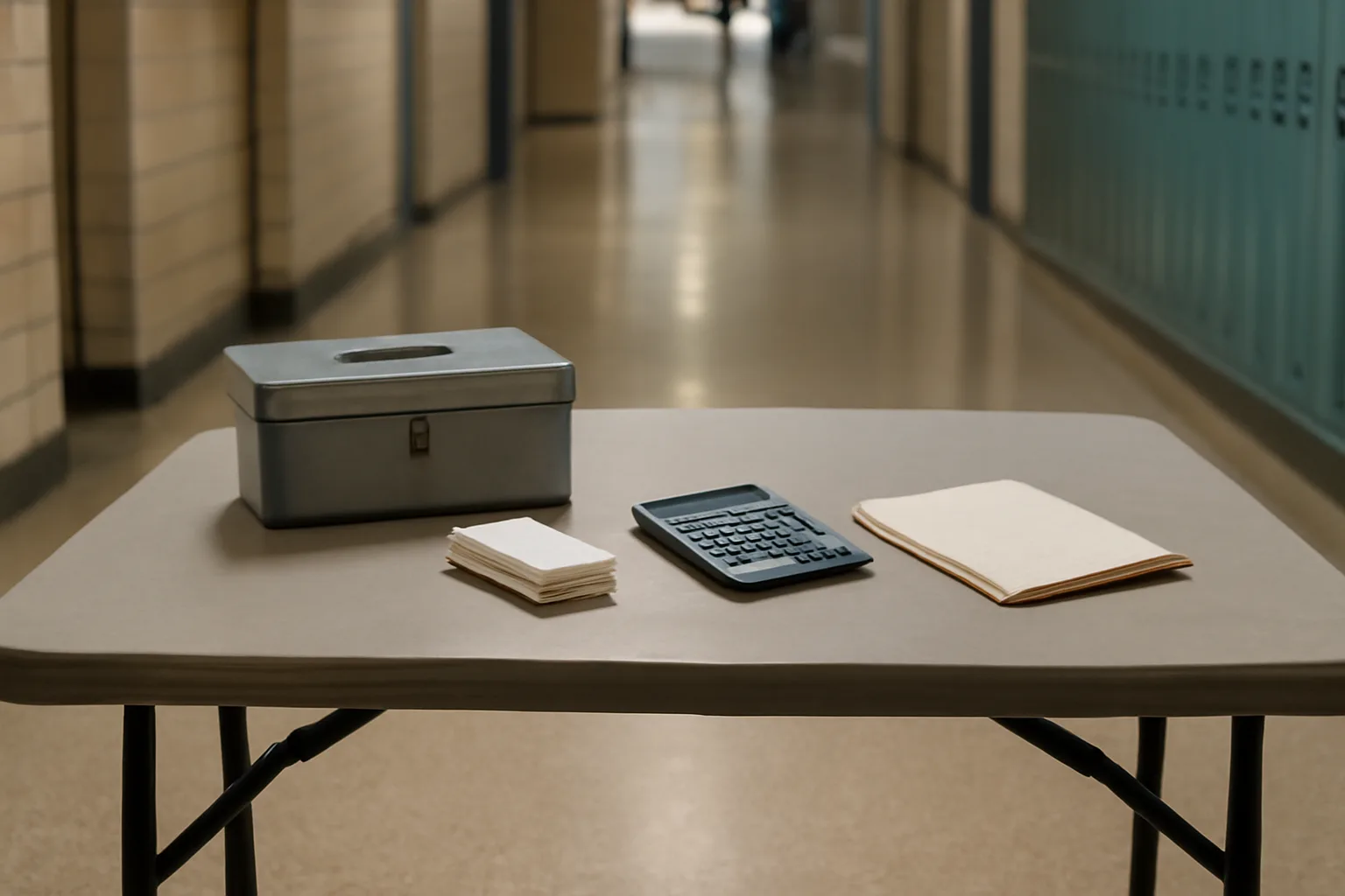 Treasurer's cash box, receipts, and notebook on a table before a school event