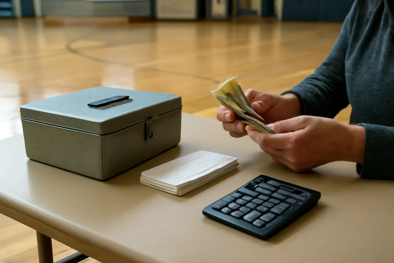 Volunteer counting cash and receipts at a booster club fundraiser table