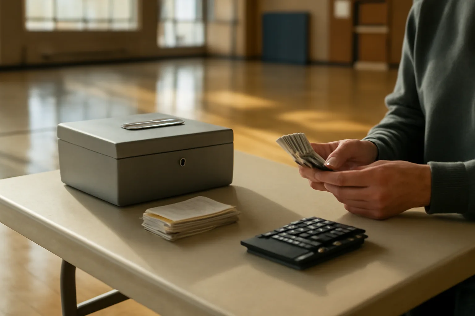 Volunteer treasurer counting cash at a folding table during a school fundraiser