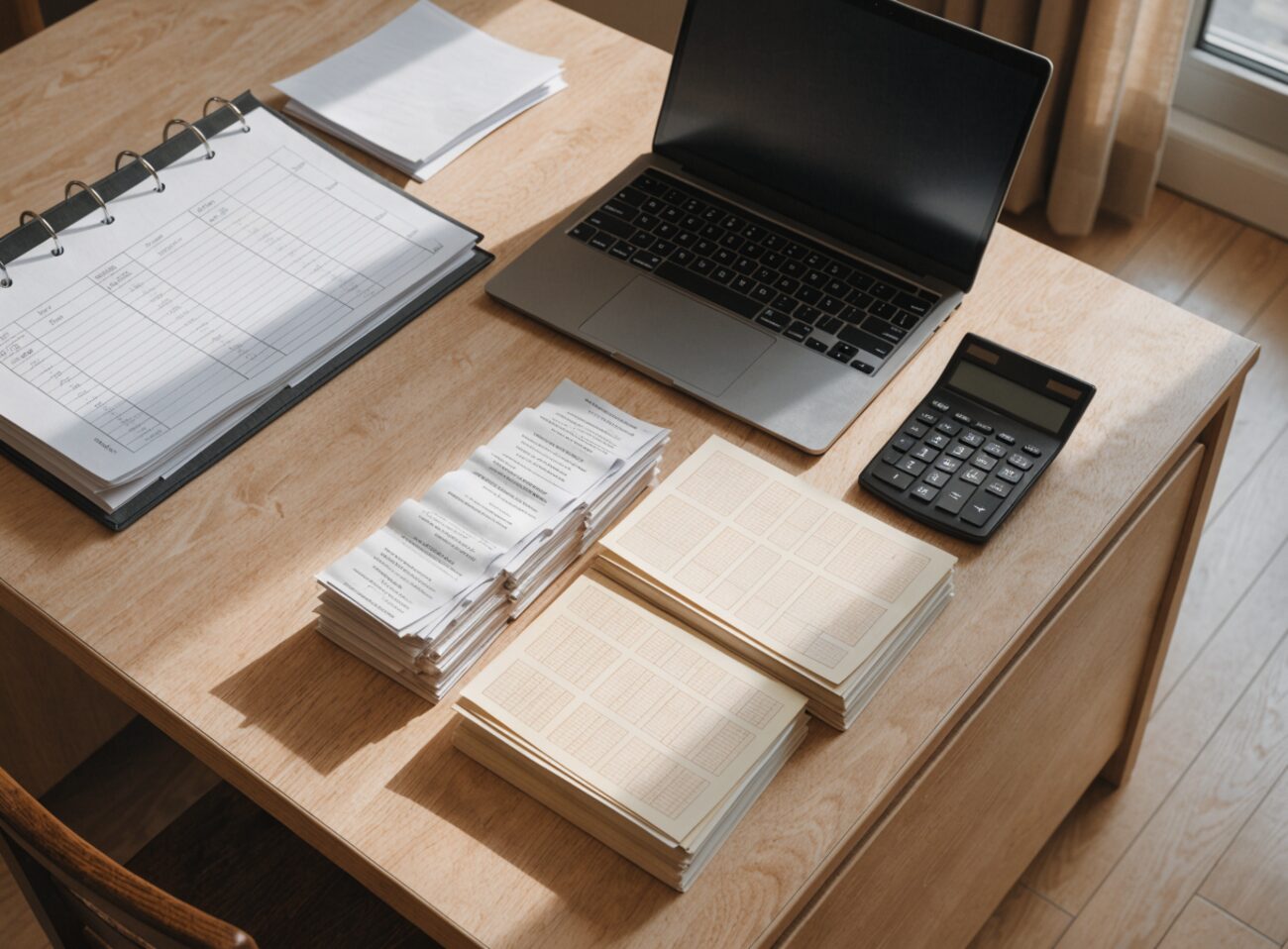 An organized treasurer's desk: a ledger binder, a laptop, neat stacks of receipts, and a calculator